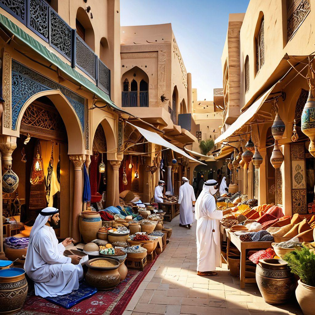 A vibrant marketplace scene showcasing Arab heritage, featuring artisans crafting traditional goods, colorful textiles, and intricate pottery. Infuse elements of economic empowerment through representations of diverse entrepreneurs engaging with customers. The backdrop includes iconic Arabic architecture and symbols of cultural unity. Incorporate a warm, inviting atmosphere with golden sunlight and bustling activity. super-realistic. vibrant colors. 3D.
