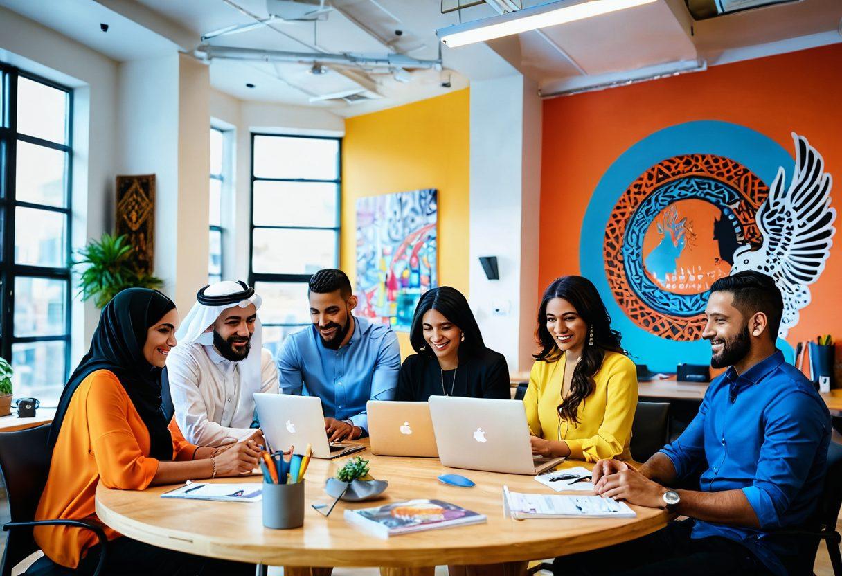 A diverse group of Arab American entrepreneurs collaborating in a vibrant office space, showcasing innovative ideas on digital devices. Celebratory atmosphere with a mix of cultural symbols and modern business elements, surrounded by colorful artwork reflecting success and diversity. Highlighting the spirit of entrepreneurship and community empowerment. super-realistic. vibrant colors. modern design.