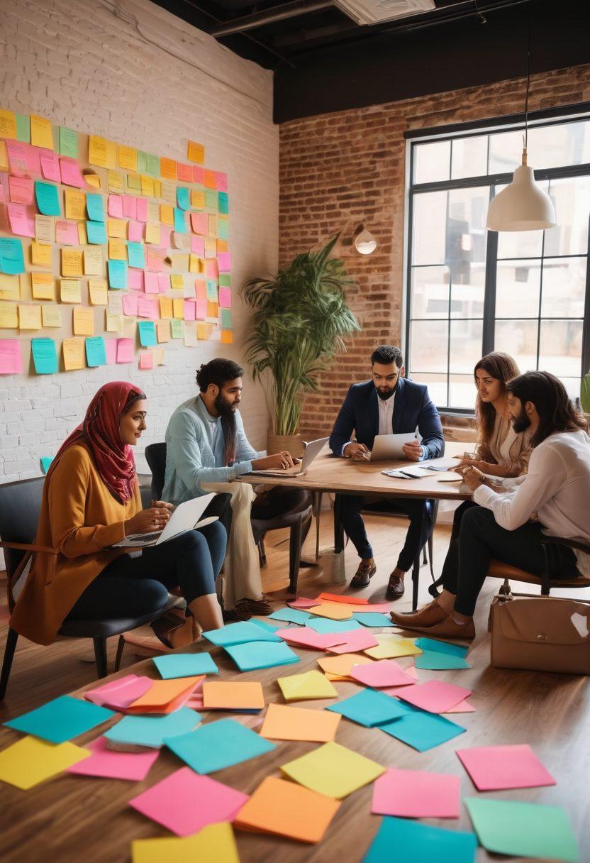 A diverse group of Arab American entrepreneurs brainstorming in a modern co-working space, surrounded by colorful post-it notes and laptops. The atmosphere is vibrant and collaborative, showcasing various cultural elements like traditional motifs and modern decor. Include elements like charts, graphs, and coffee cups to emphasize productivity and partnership. super-realistic. vibrant colors. 3D.